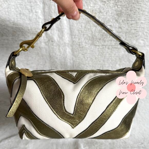 Coach Handbags - Vintage Coach y2k Rare Pouchette Metallic Bronze Zebra Top Handle Studded Bag